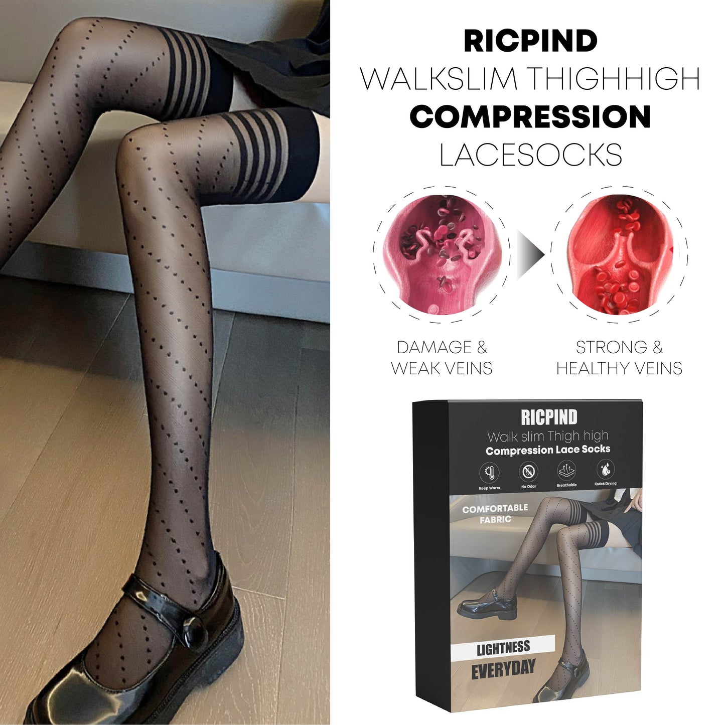 Ricpind WALKSLIM ThighHigh Compression LaceSocks